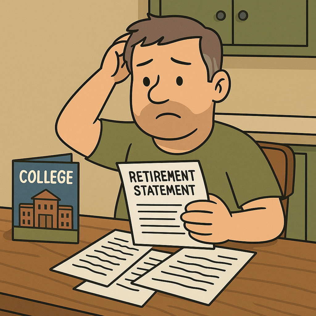 Cartoon illustration of Average Joe, a midlife dad mascot, sitting at a kitchen table with tuition bills, college brochures, and a retirement account statement, scratching his head in confusion.