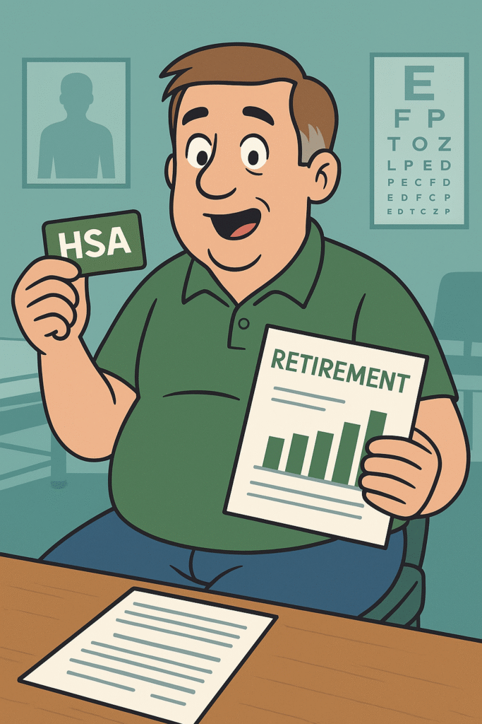 Cartoon illustration of Average Joe, a midlife dad mascot, sitting in a doctor’s office chair holding an HSA debit card and a retirement account statement, with a surprised expression.
