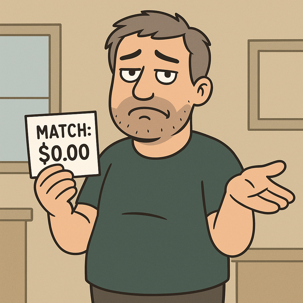 Cartoon illustration of Average Joe, a midlife dad mascot, holding a paycheck stub showing ‘Retirement Match: $0.00’ with a sarcastic ‘thanks for nothing’ expression.