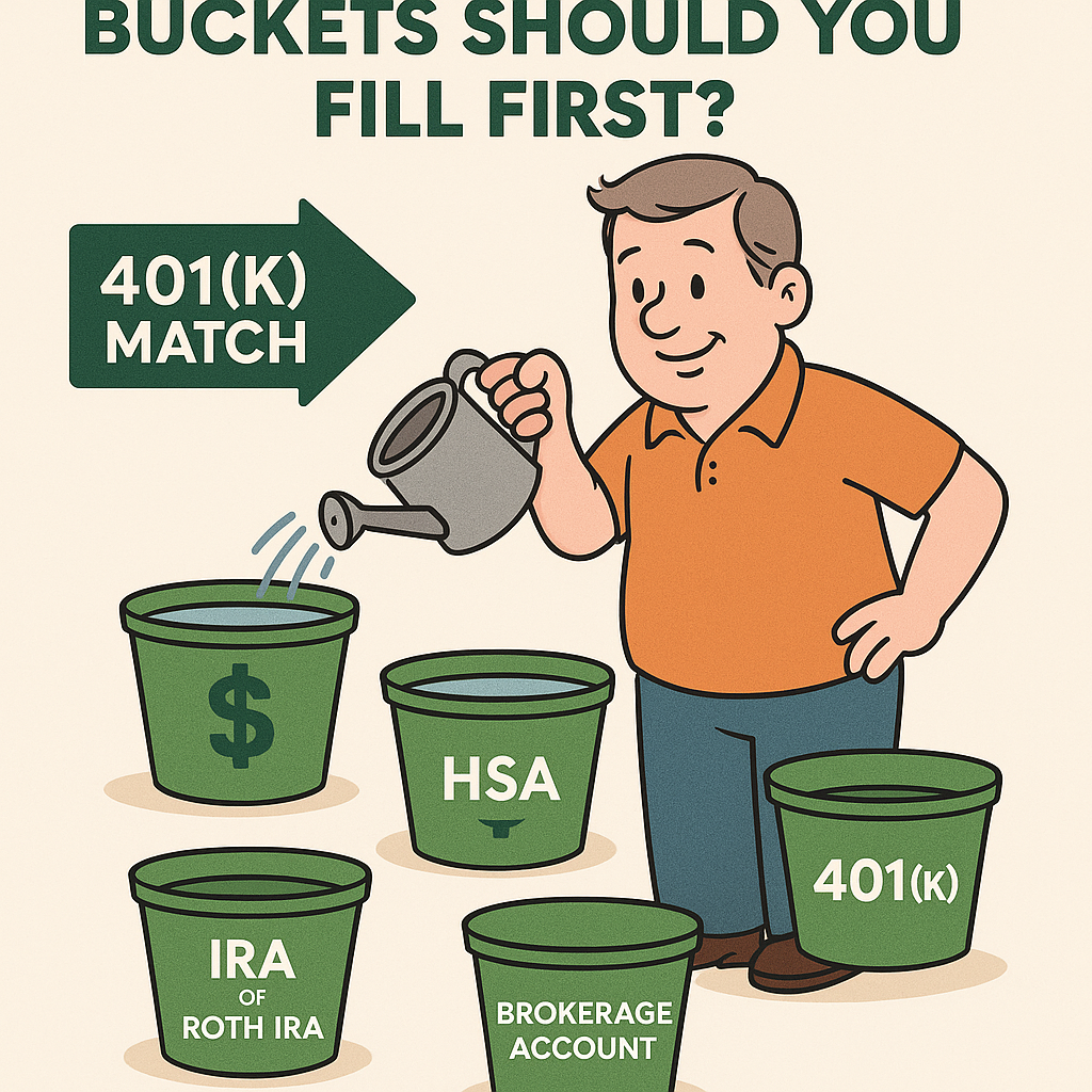 Cartoon illustration of Average Joe, the midlife dad mascot, watering and filling buckets labeled 401(k) Match, HSA, IRA/Roth IRA, 401(k), and Brokerage to show the ideal order of retirement savings.