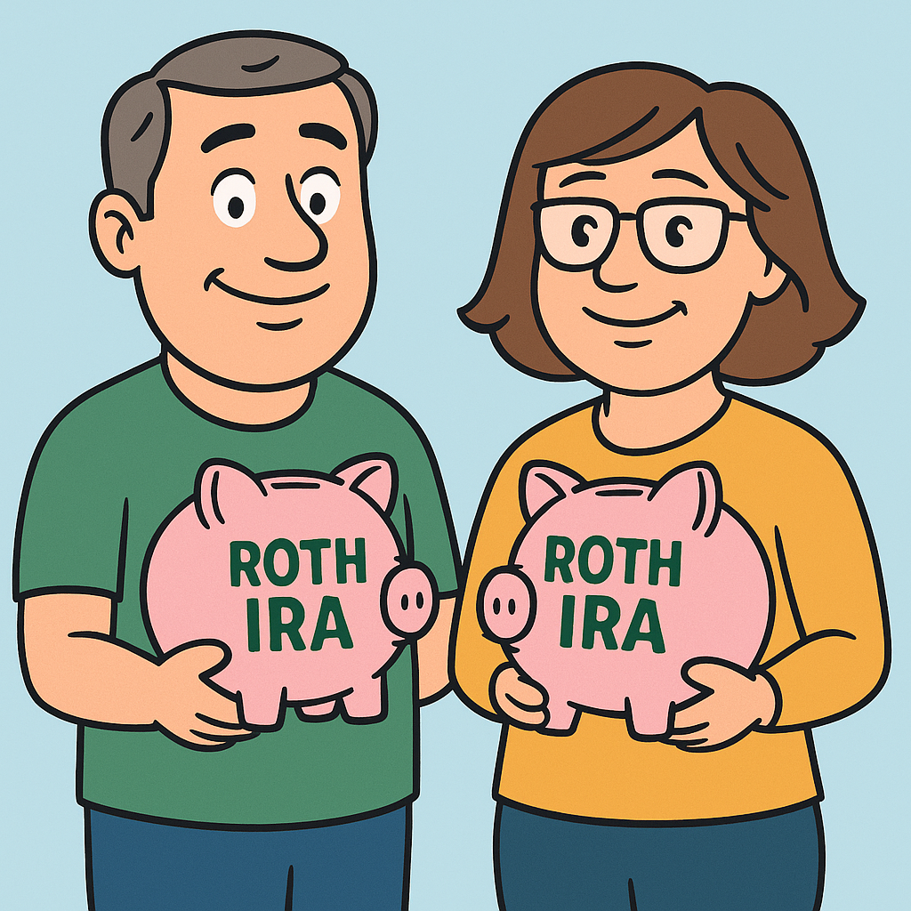 Cartoon illustration of Average Joe, a midlife dad mascot, and his wife with brown hair and glasses, each holding their own piggy bank labeled Roth IRA.