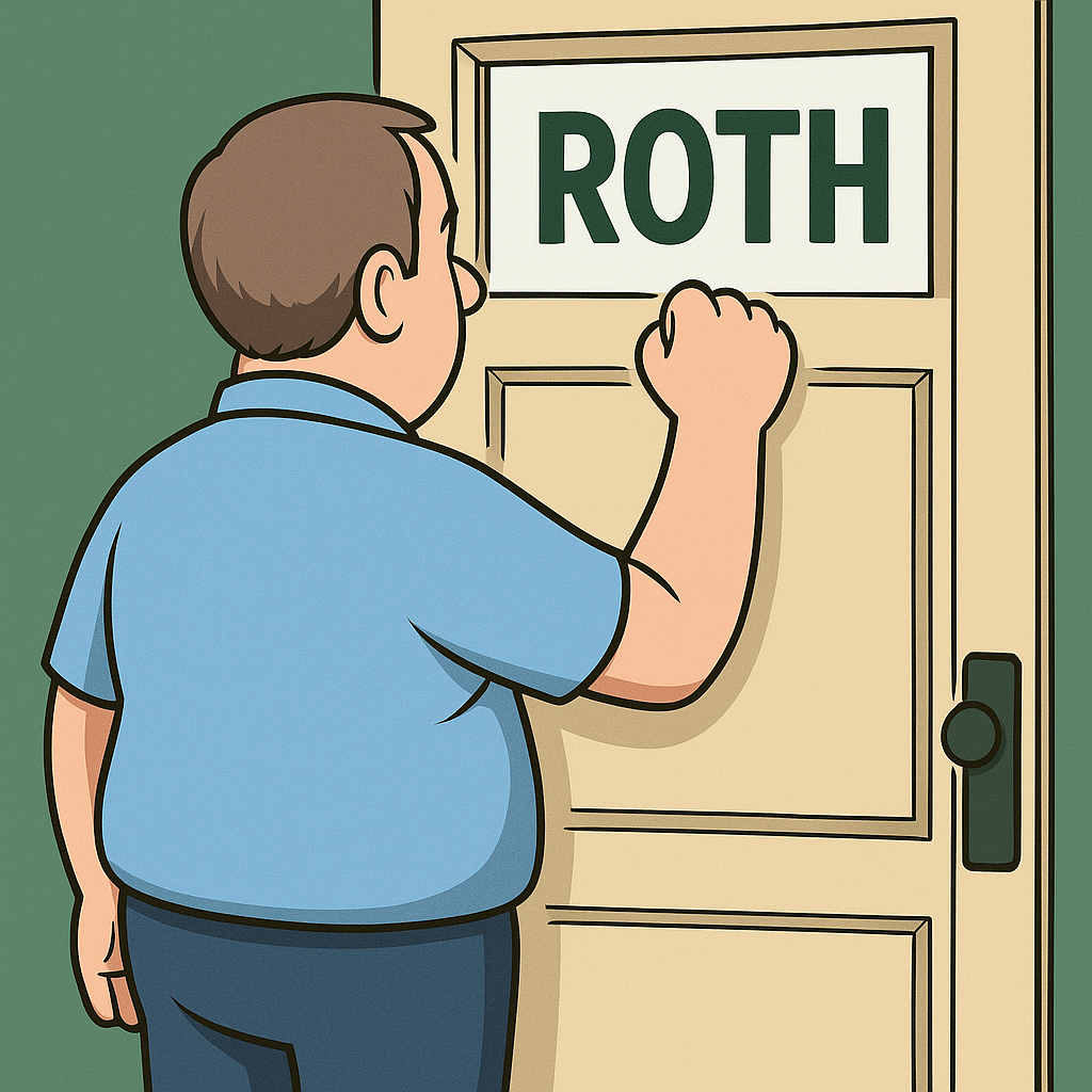 Cartoon illustration of Average Joe, a midlife dad mascot, seen from behind as he knocks on a back door labeled ‘Roth,’ symbolizing the backdoor Roth IRA strategy.