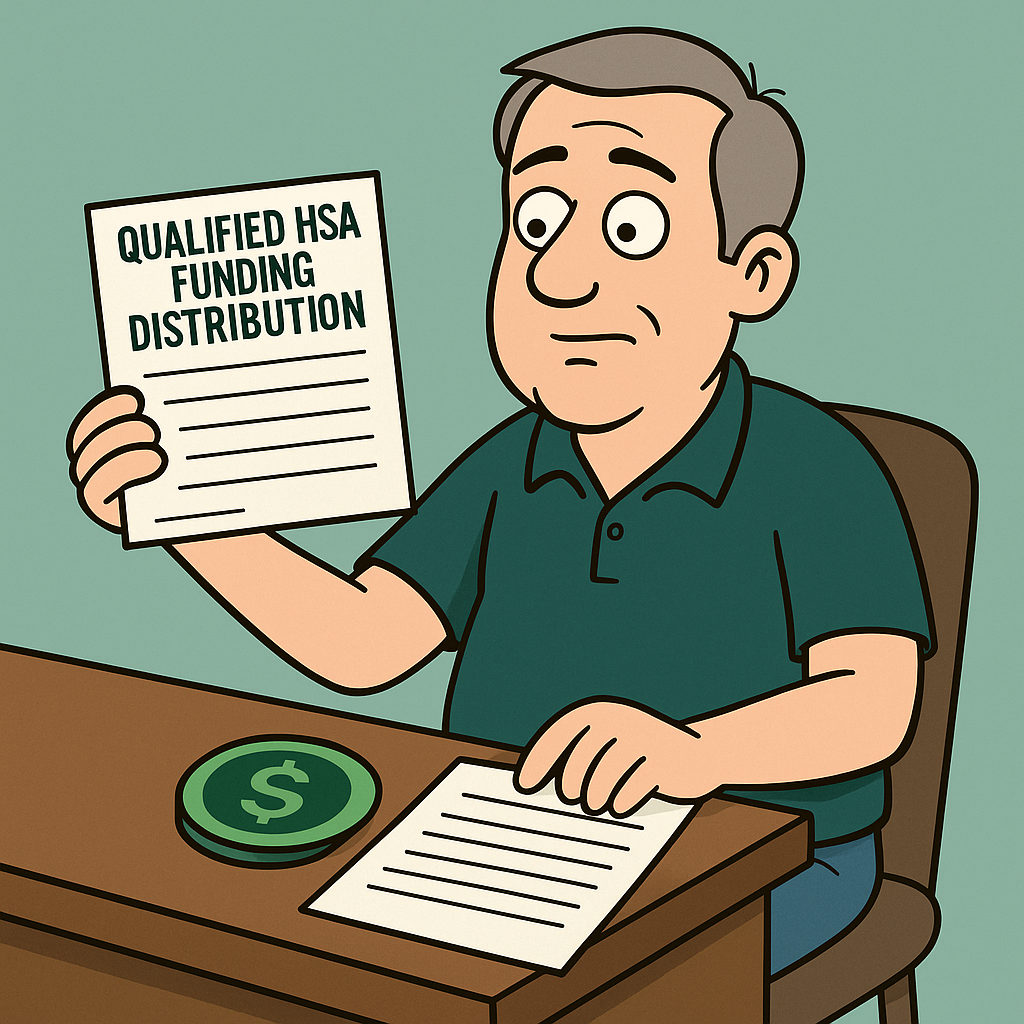 Cartoon illustration of Average Joe, a midlife dad mascot, sitting at a desk holding a retirement account statement in one hand and an HSA card in the other, with an arrow graphic showing money moving from 401(k) to HSA.