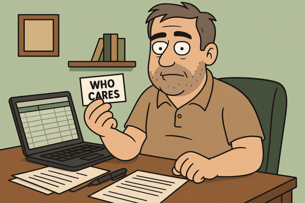 Cartoon illustration of Average Joe, a midlife dad mascot, sitting at an office desk with a business card in front of him that says ‘Who Cares,’ looking unimpressed about job titles.