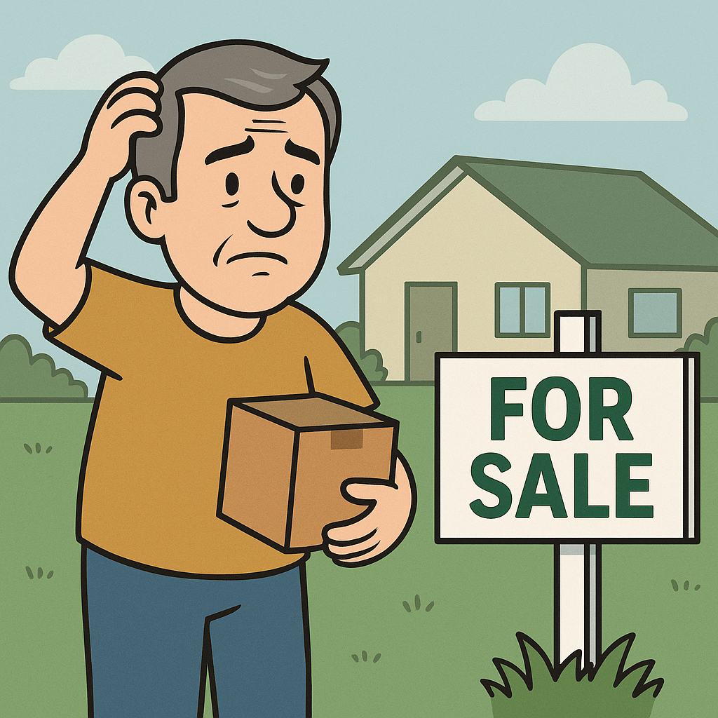 Cartoon illustration of Average Joe, a midlife dad mascot, standing in front of a house with a For Sale sign, holding a moving box and scratching his head, looking unsure about downsizing.