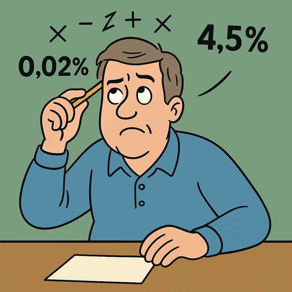 Cartoon of Average Joe comparing 0.02% vs 4.5% interest rates, scratching his chin and doing math in his head.